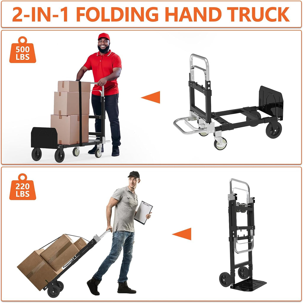 3-in-1 Folding Hand Truck, 500 lb Heavy Duty Steel Dolly | Convertible Hand Truck Dolly with Telescoping Handle