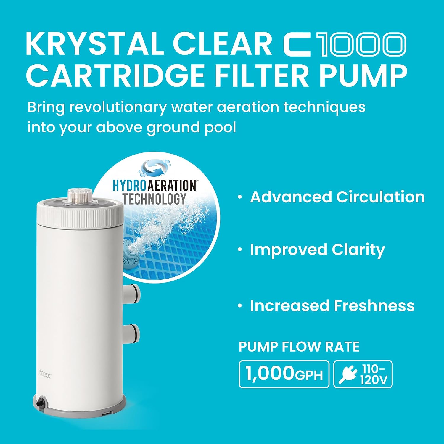 C1000 Cartridge Filter Pump for AGP: 1000 GPH Pump Flow Rate - Cartridge Gauge Indicator - HydroAeration Technology