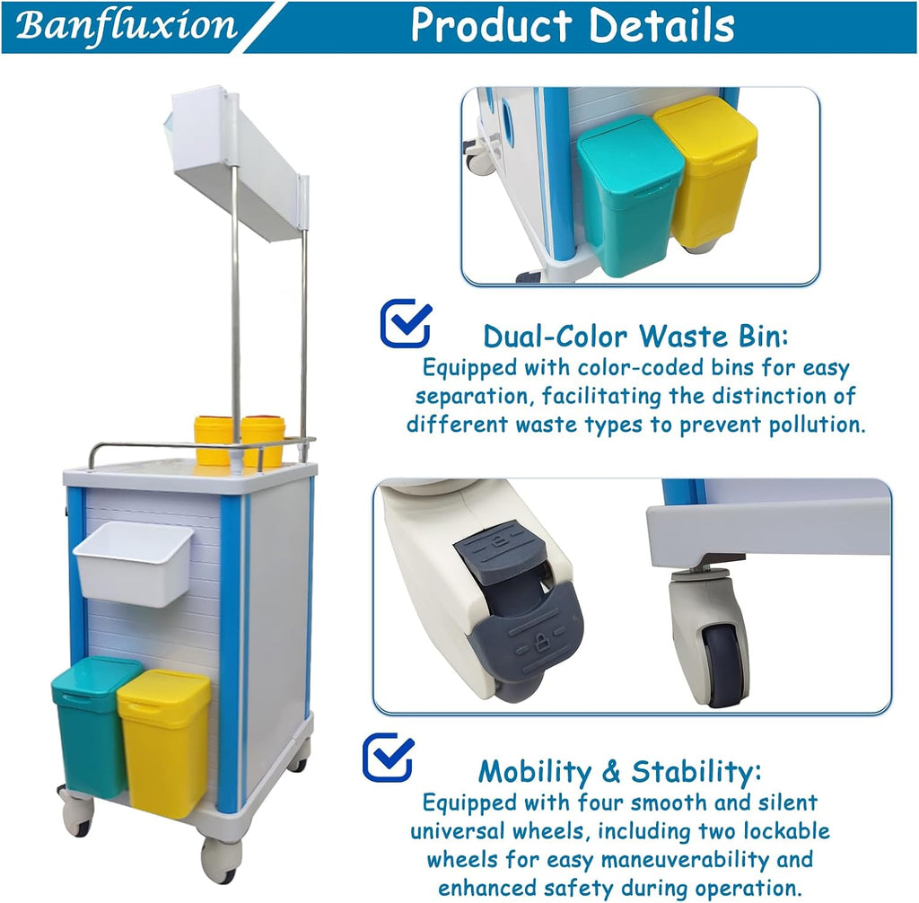 Mobile Emergency Crash Cart Anesthesia Cart with Lock, 2 Drawers, 2 Trash Bins, Concealed Workstation & PEG Board for