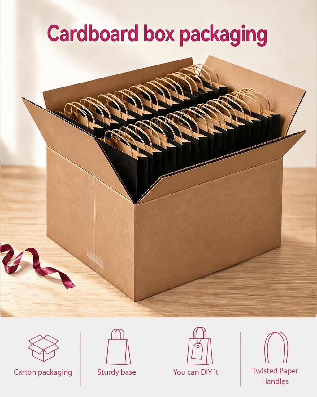 100-Pack Medium Size Gift Paper Bags with Handles Bulk 10.6"x8.3"x4.3" Black Party Kraft Shopping Bags