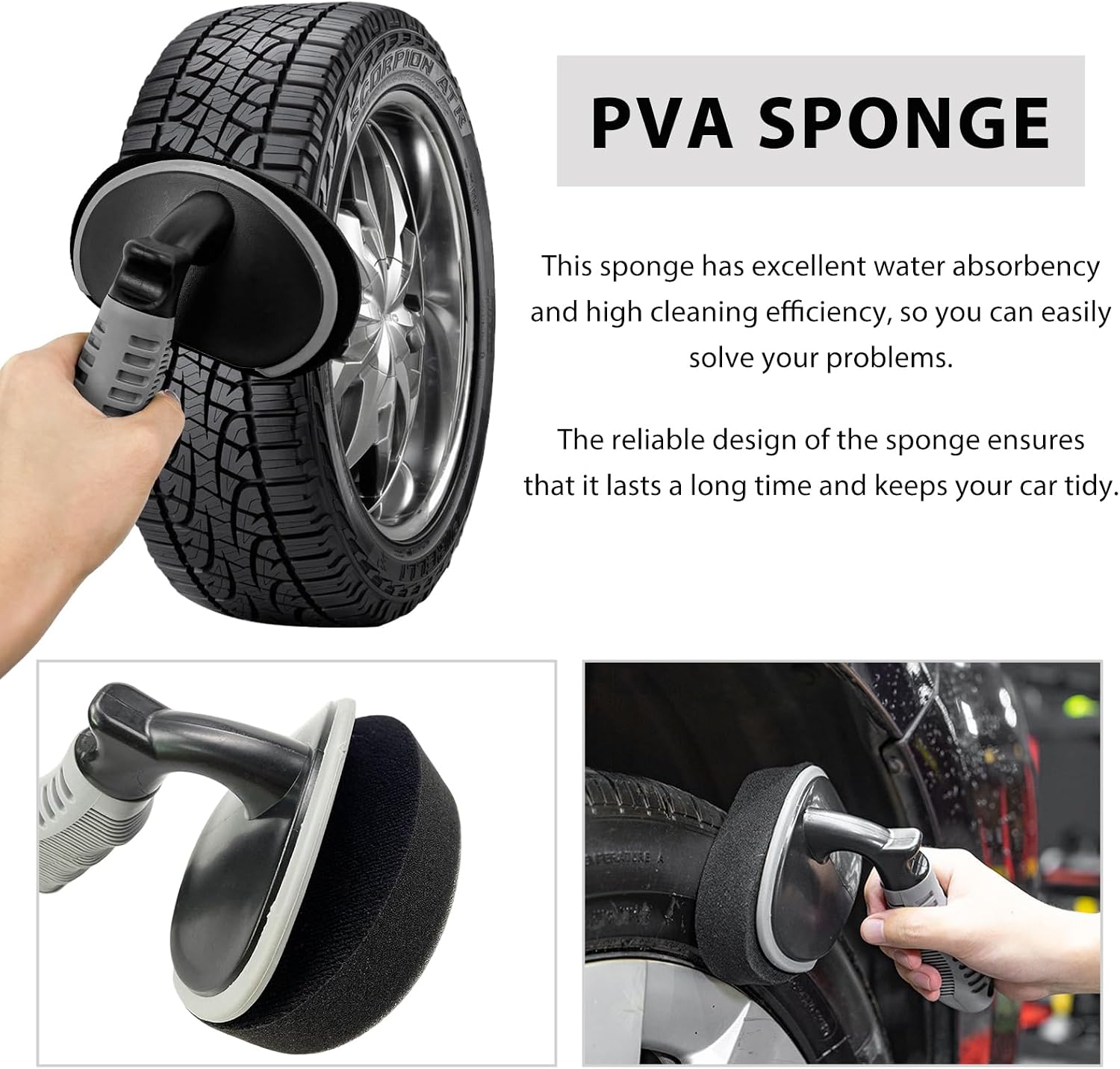 Car Tire Shine Applicator, High-Density Sponge Tyre Dressing Applicator Pad with Curved Handle, Reusable Wheel