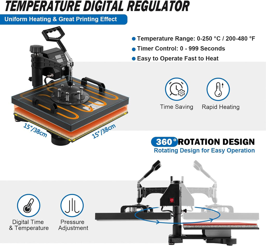 Heat Press 15x15 Inch 8 in 1 Heat Press Machine, Swing Away T Shirt Pressing Machine Digital Control, Multifunction