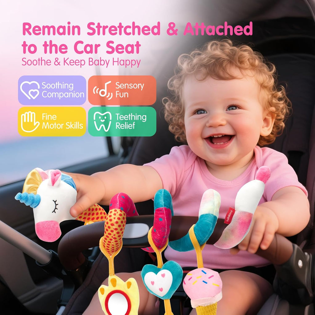 Car Seat Toys for Babies 0-6 Months Girl - Baby Toys 3-6 Months - Rattle, Mirror, Crinkle, Squeaky Carseat Stroller