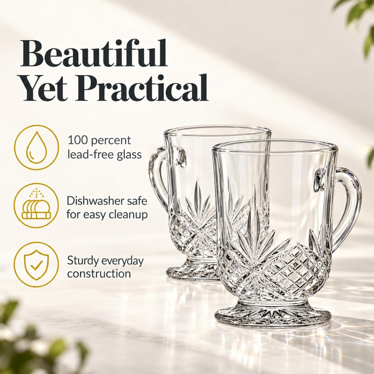 Crystal Coffee Mugs, Clear Glass Tea Cups, 10oz Set of 4 Dublin