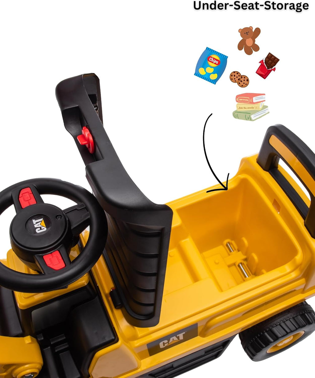 CAT Excavator Push Car – Licensed Caterpillar Ride-On Digger Toy for Kids with Rotating Bucket & Under-Seat Storage –