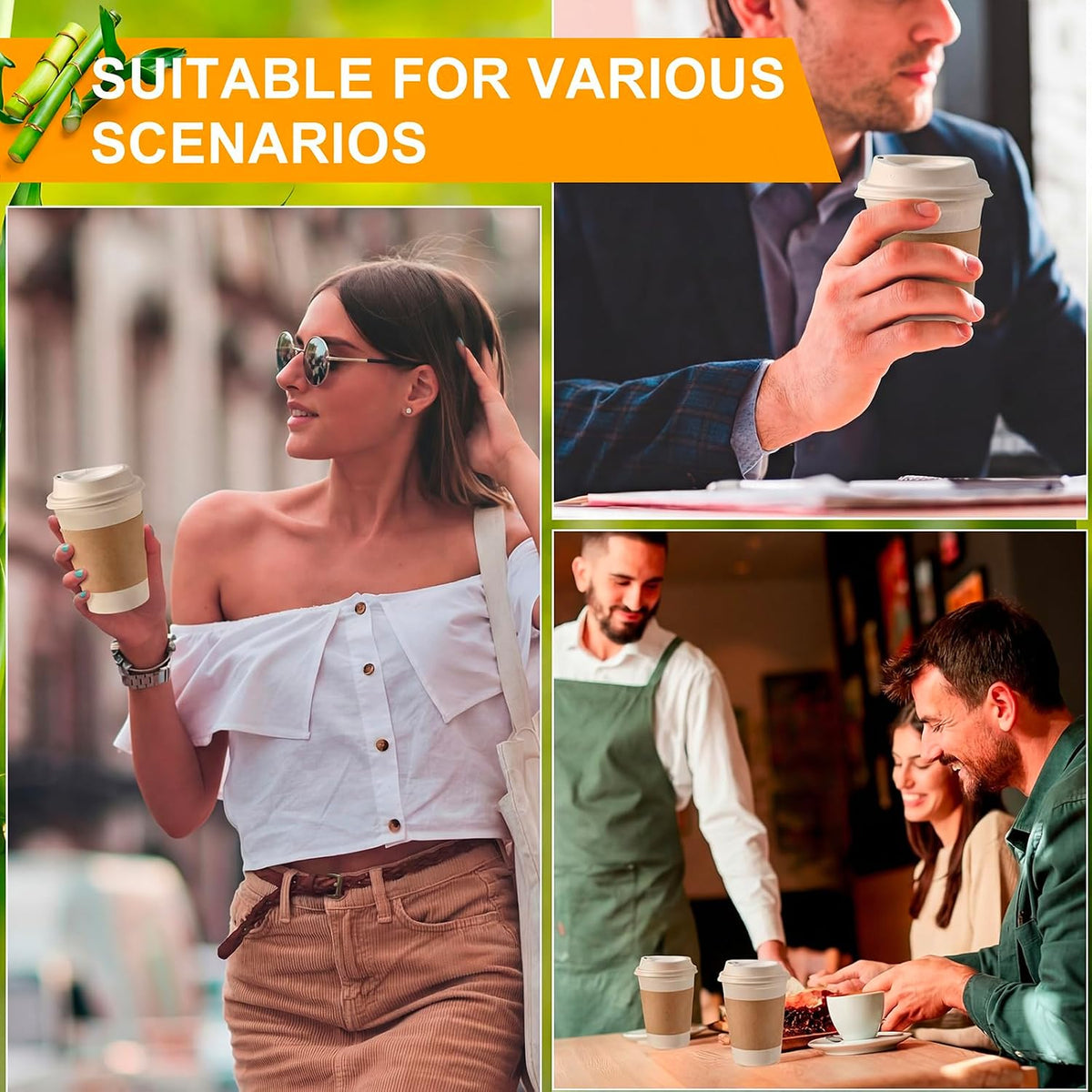 50 Sets Compostable Coffee Cups, Lids Sleeves Straws,12oz,Natural