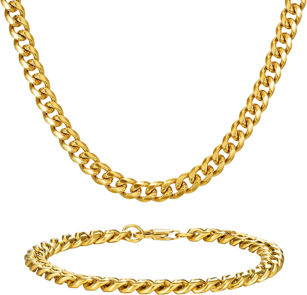 Stainless Steel Cuban Link Chain and Bracelet Set for Men | Chains 3.5mm/5mm/7mm Width, Bracelet 7 1/2" and 8"