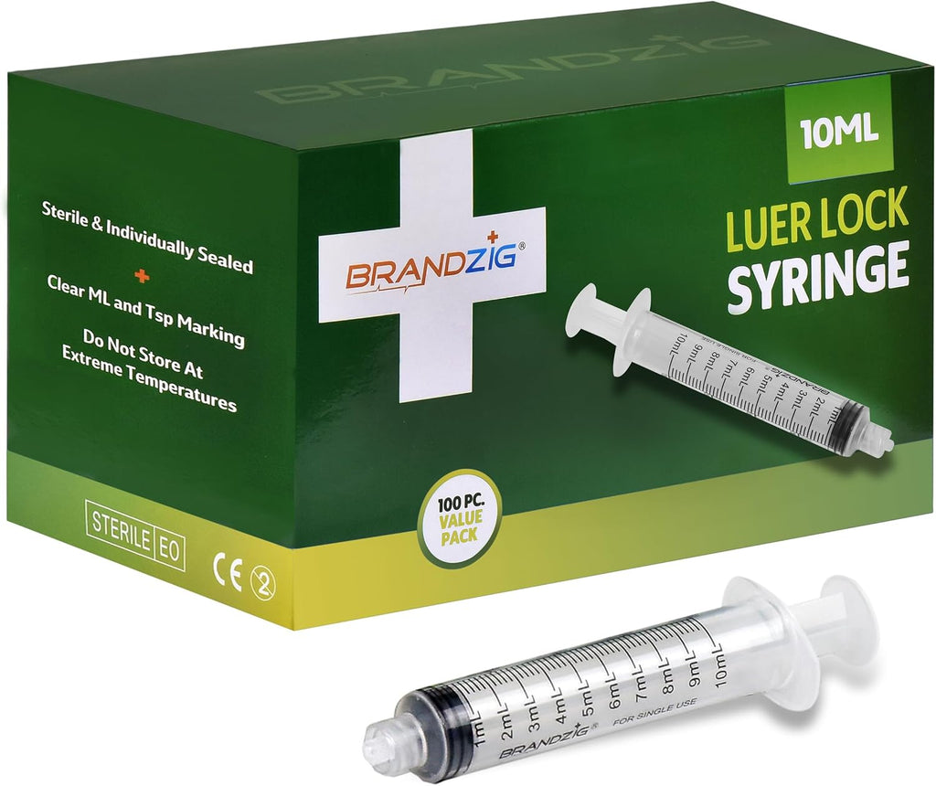 10ml Luer Lock Syringe (No Needle) - Sterile, Individually Wrapped - 100 Pack