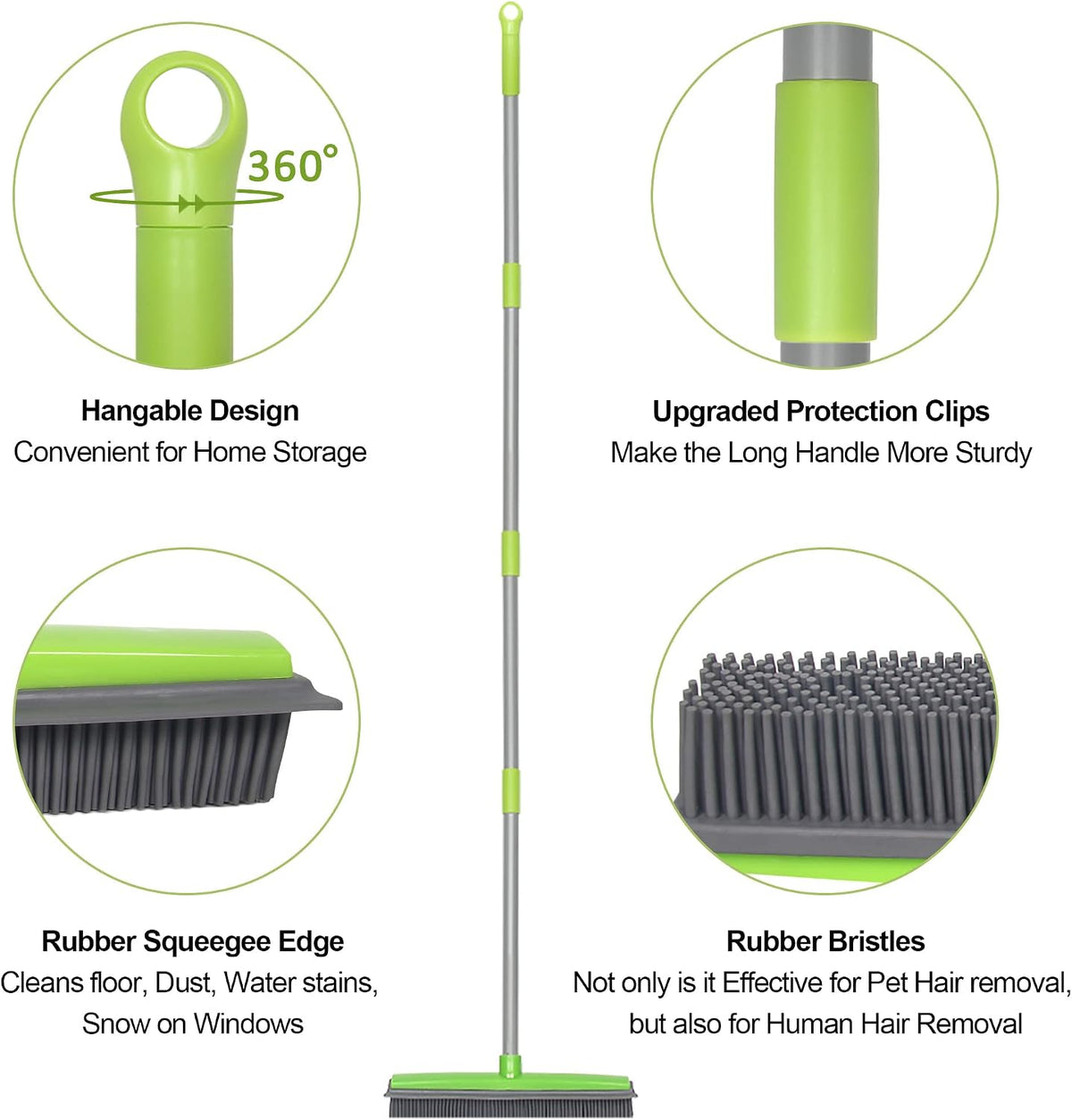 Rubber Broom and Pet Hair Removal Brush Set for Carpet, Fur Remover Broom with Squeegee for Wooden Floor, Detailing
