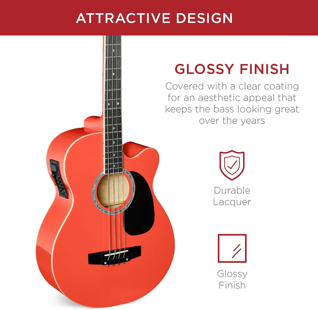 Acoustic Electric Bass Guitar, Full Size 4 String, Fretted Bass Guitar w/Padded Gig Bag - Red