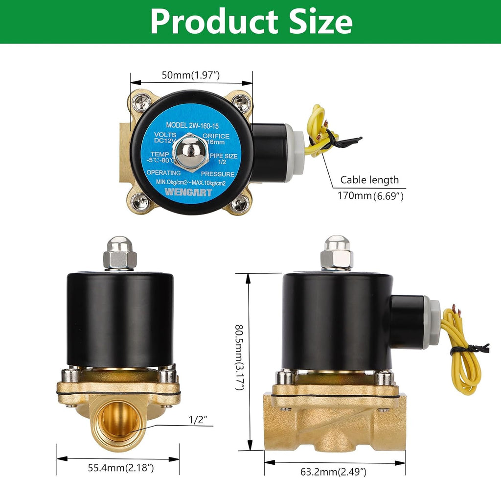 Wengart 1/2" NPT Solenoid Valve for DIYers, Zero PSI Water/Gas, Iron Shell