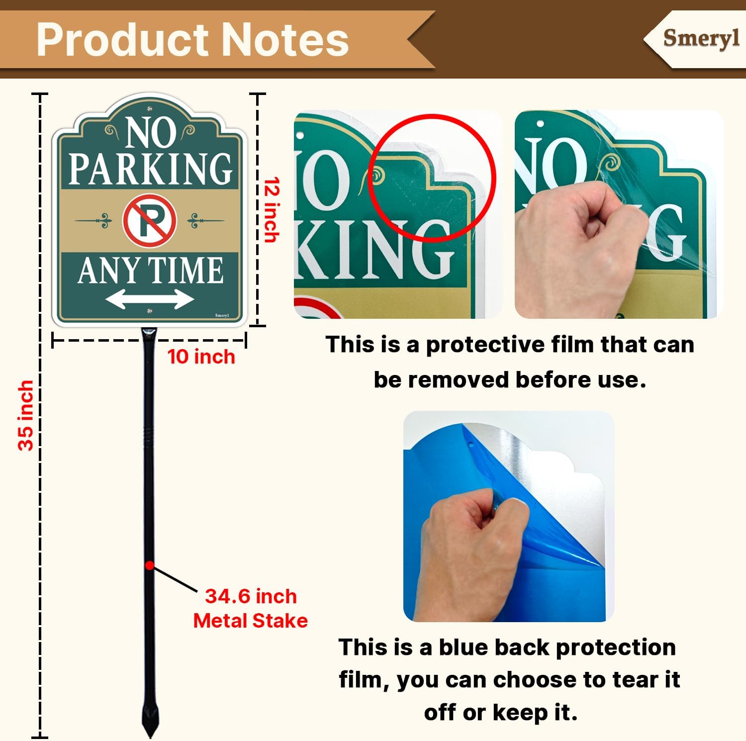 No Parking Any Time Sign with 34.6" Stake for Yard | 12" x 10" No Parking Signs With Stand, Rust-Free Aluminum