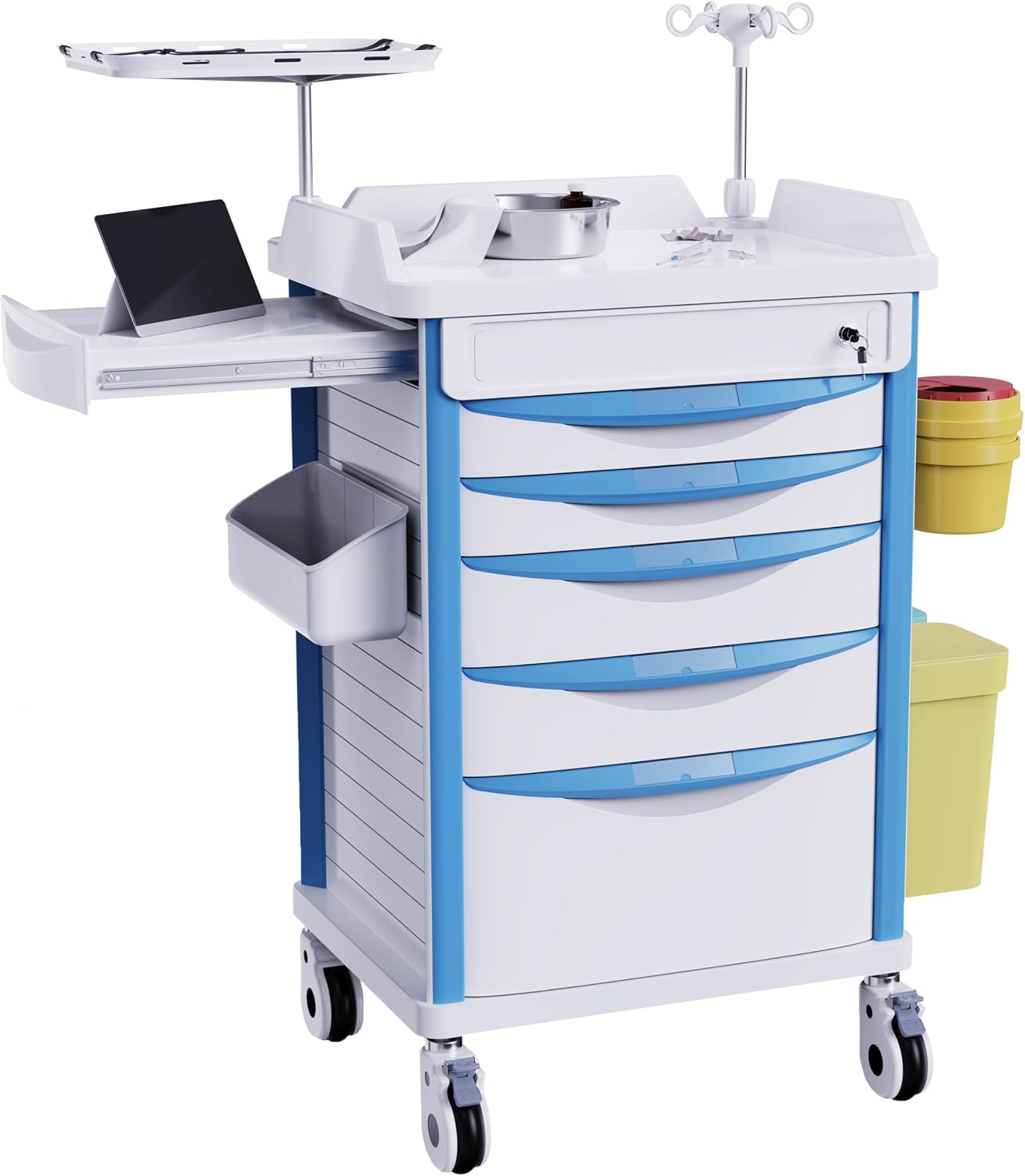 Adjustable Rolling Medical Storage Crash Cart-Includes Silent Casters | IV Pole, Needle Disposal Holder, Trash Bin &