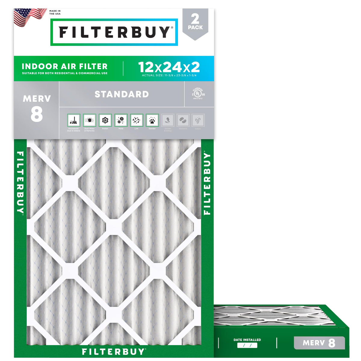 12x24x2 Air Filter MERV 8 Dust & Allergy Defense (2-Pack)