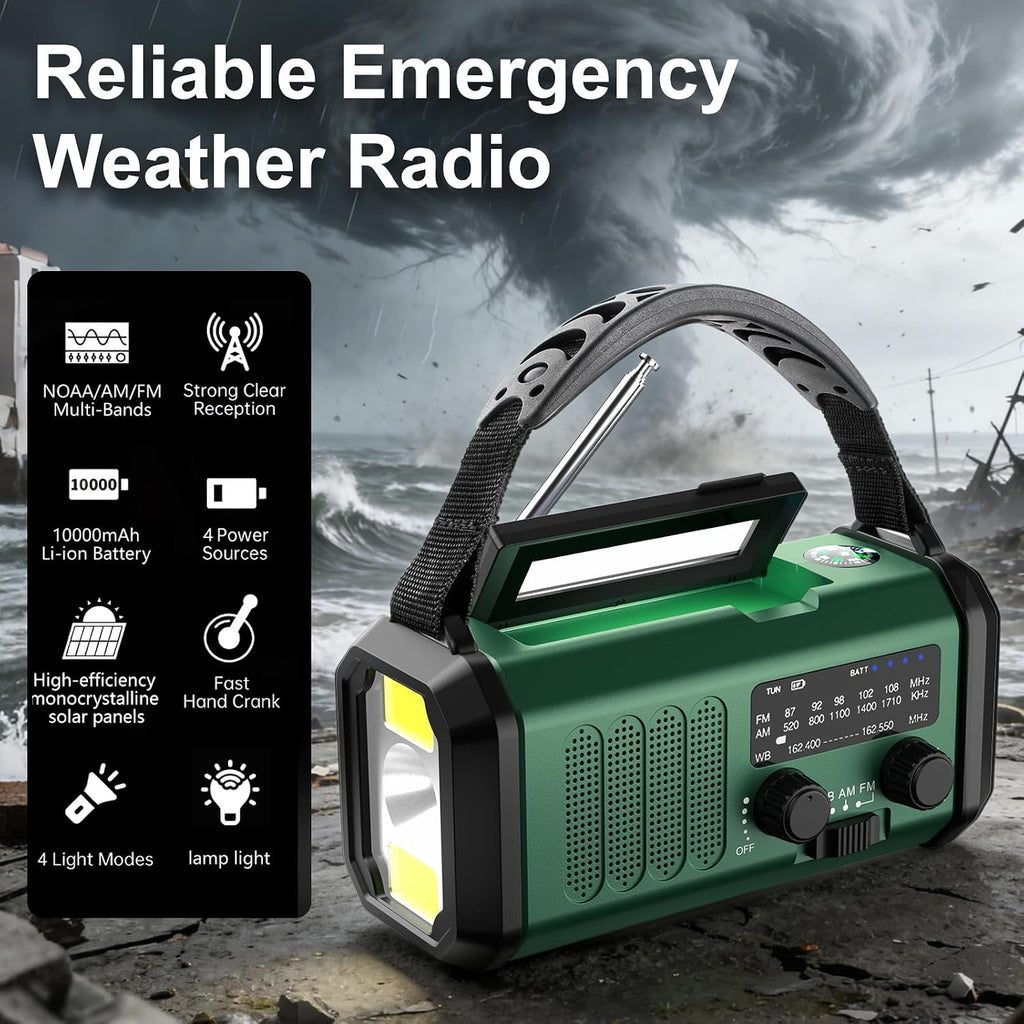 Hand Crank Emergency Radio, NOAA Weather Radio AM/FM,10000mAh | Solar Power Bank,Rechargeable Battery Powered, USB-C