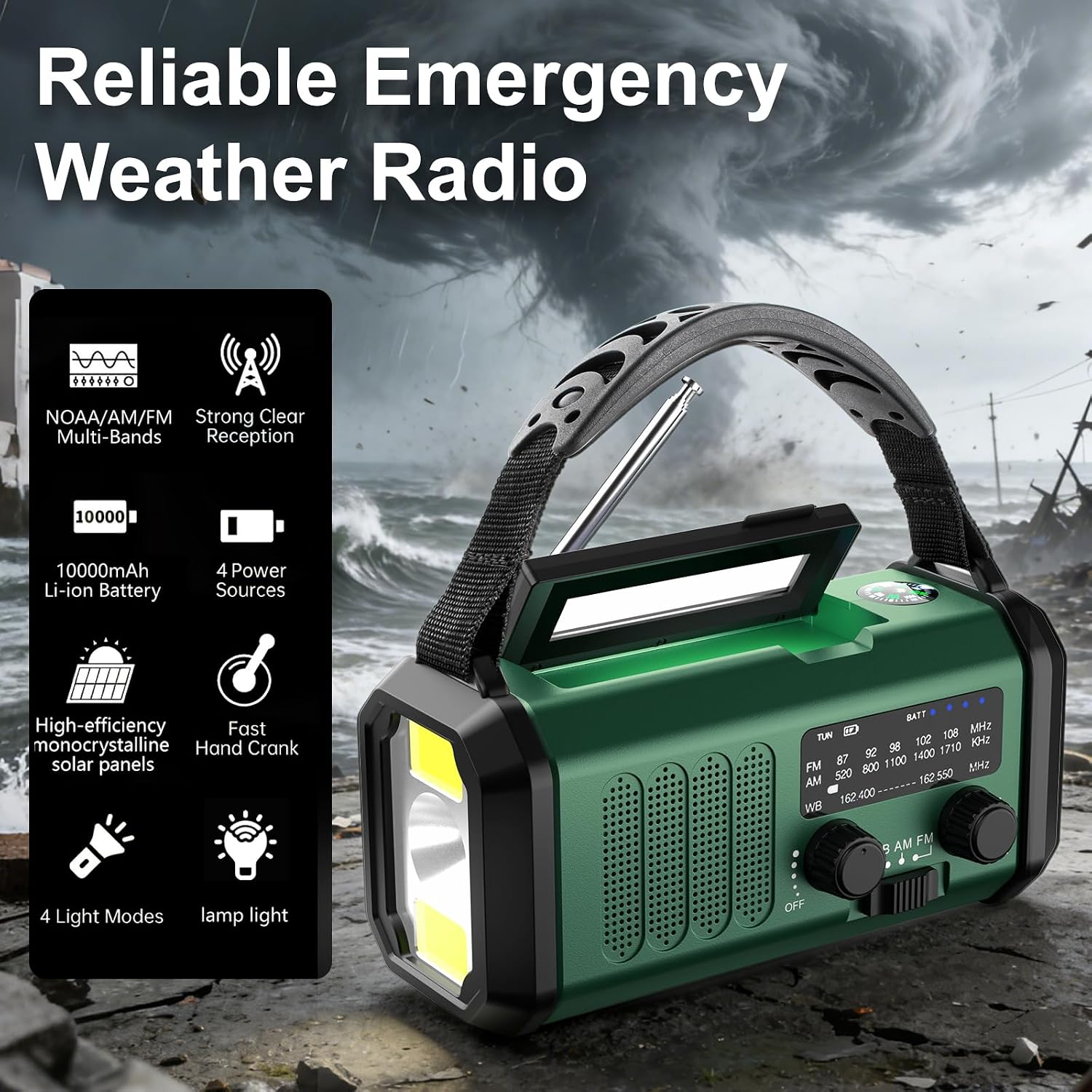 Hand Crank Emergency Radio, NOAA Weather Radio AM/FM,10000mAh | Solar Power Bank,Rechargeable Battery Powered, USB-C