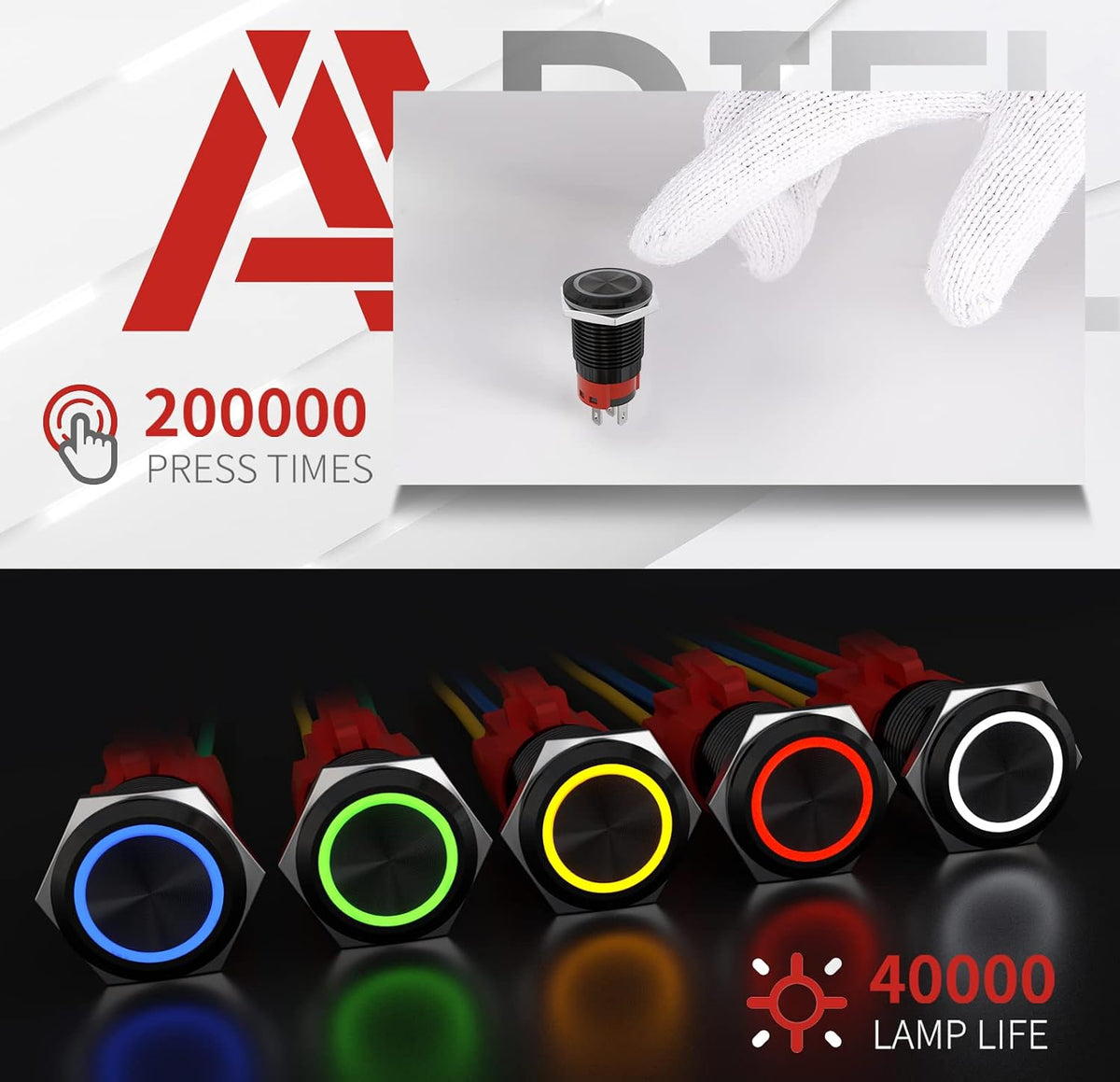 APIELE 16mm Latching Push Button Switch 12V DC On Off Black Shell with LED Angel Eye Head for 0.63" Mounting Hole with Wire Socket Plug Self-Locking (Blue/Black Shell)