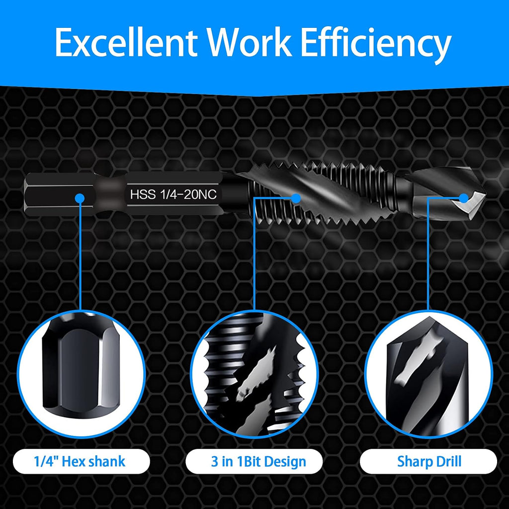 Drill & Tap Bits Set of 13 pcs - 6 SAE Sizes: 6-32NC to 1/4-20NC, 6 Metric Sizes: M3 to M10 and a Quick-Change Adapter – Combine Drilling Tapping Threading Countersinking Functions in One Bit, Black