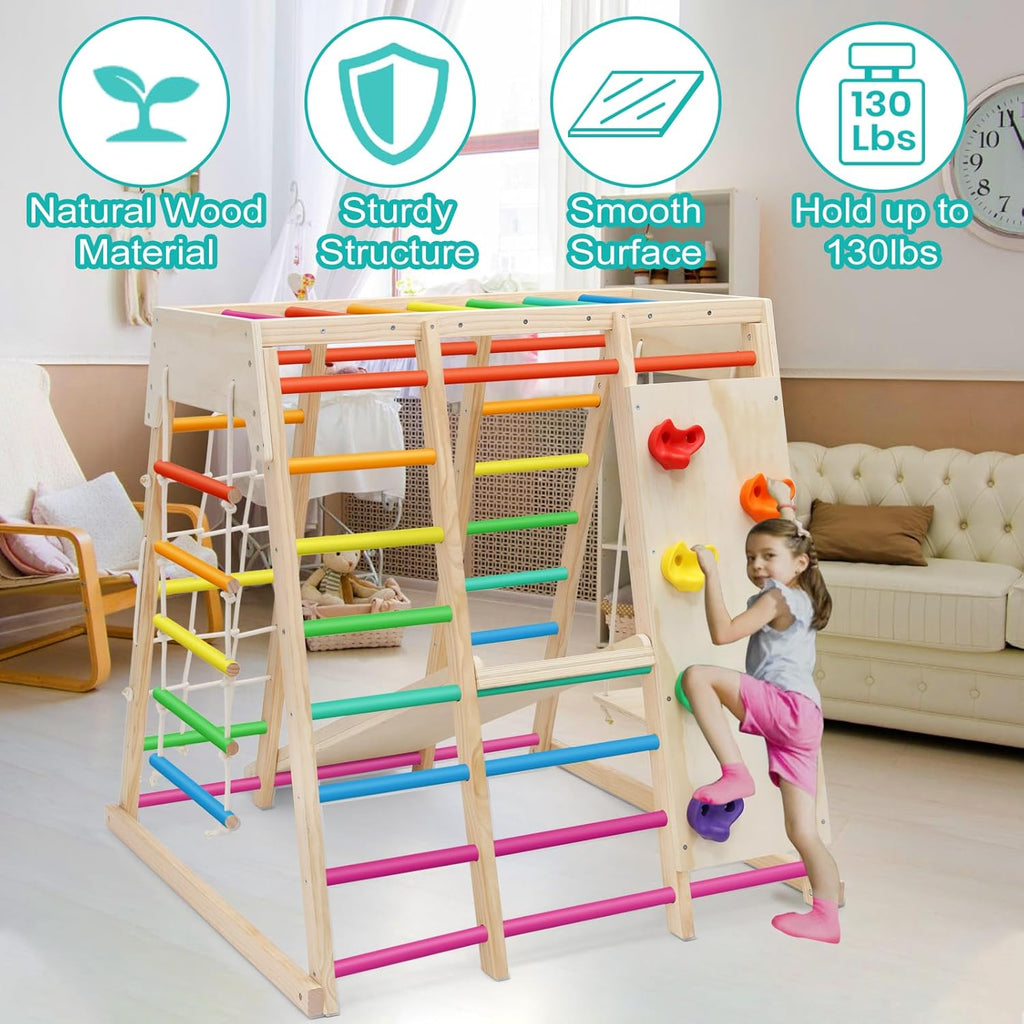 7 in 1 Pikler Indoor Playground Jungle Gym Playset, Wooden Montessori Climber with Slide, Rock Climb Wall, Monkey