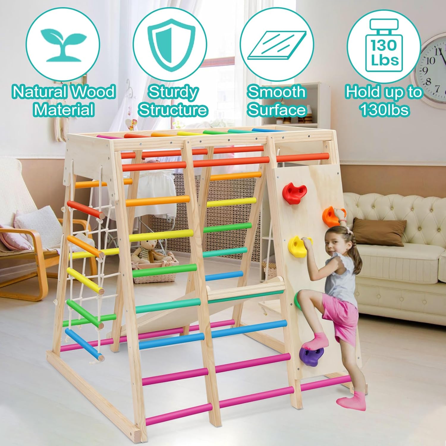 7 in 1 Pikler Indoor Playground Jungle Gym Playset, Wooden Montessori Climber with Slide, Rock Climb Wall, Monkey