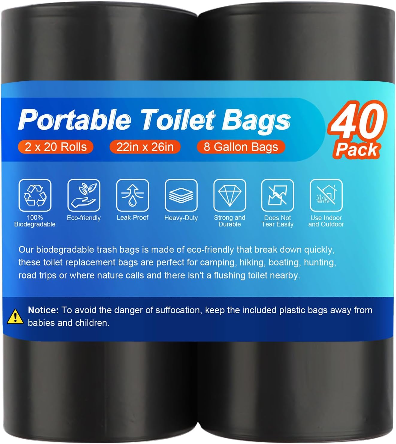 40 Camping Toilet Bags, Biodegradable Compostable for 5 Gal Bucket Toilet | Portable Travel Potty Bag for Portable