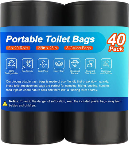 40 Camping Toilet Bags, Biodegradable Compostable for 5 Gal Bucket Toilet | Portable Travel Potty Bag for Portable