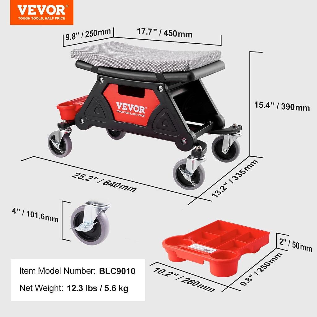 Mechanic Stool 300 LBS Capacity Garage Stool Gift for Men, Heavy Duty Rolling Mechanics Seat, with Three Slide Out