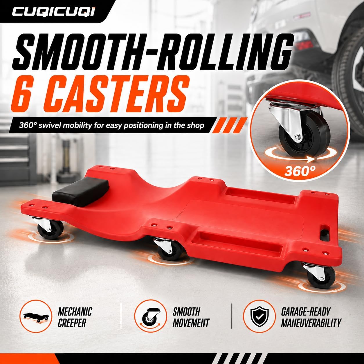 Mechanic Creeper, Low Profile Garage Creeper with Padded Headrest, 6 Swivel Casters, Built-in Tool Trays and Carry
