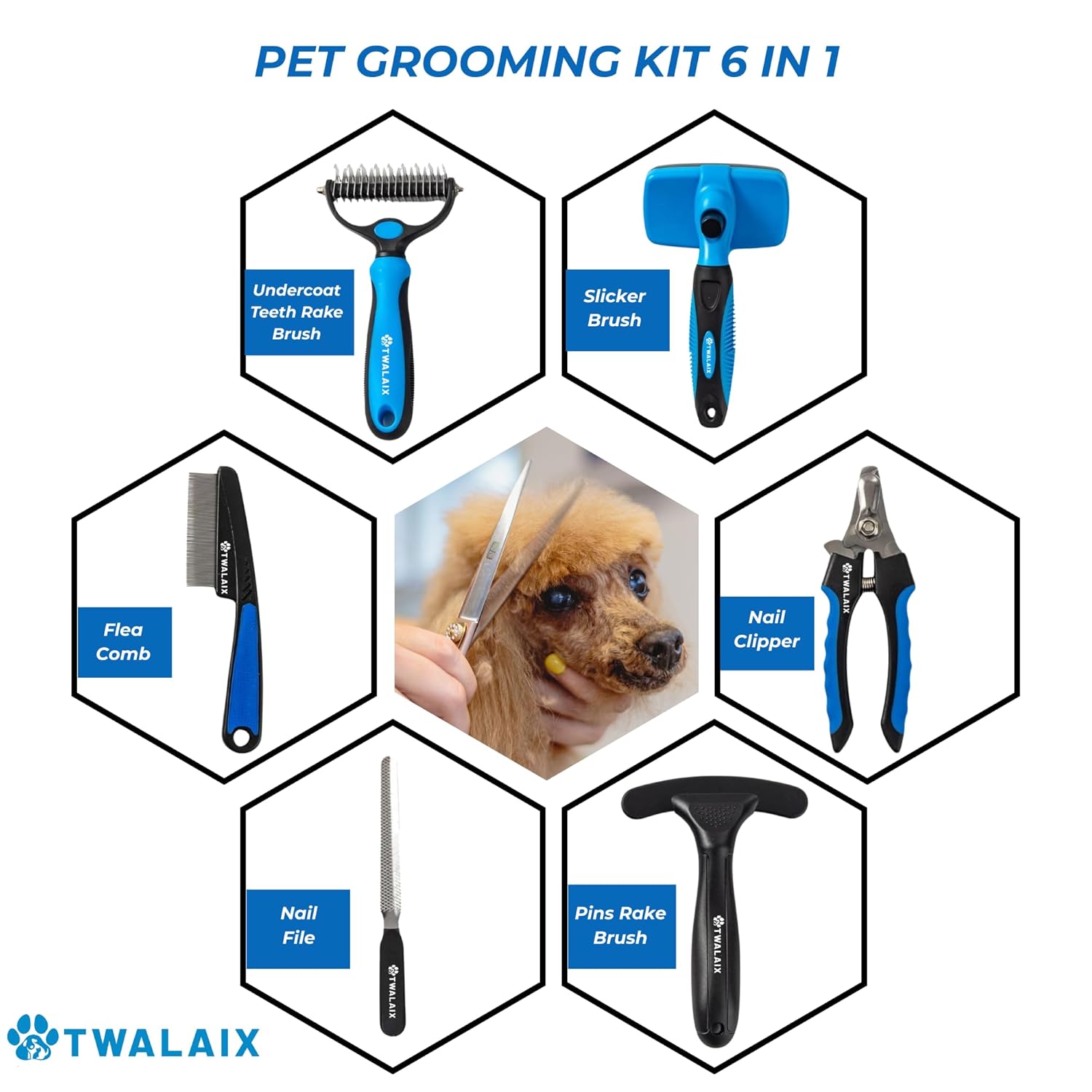 6 in 1 Pet Grooming Kit for Dogs & Cats - Deshedding Brush, Undercoat Rake, Slicker Brush, Nail Clipper, Nail File &