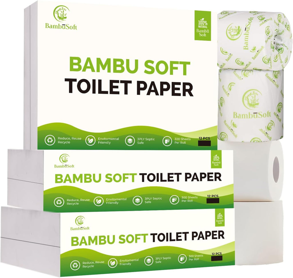 Unbleached Bamboo Toilet Paper, 12 Mega Rolls, 3-Ply Septic-Safe