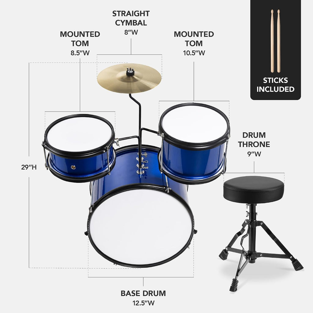 3-Piece Beginner Drum Set for Kids Juniors, w/Throne Stool, Cymbal, Drum Sticks, Bass Drum Pedal, 2 Toms - Blue