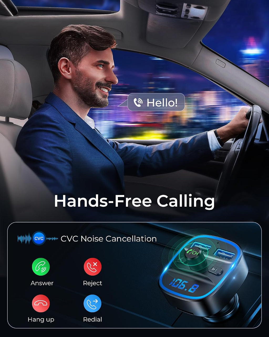 FM Transmitter, Bluetooth FM Transmitter Wireless Radio Adapter Car | Dual USB Charging, Audio Receiver Car Charger
