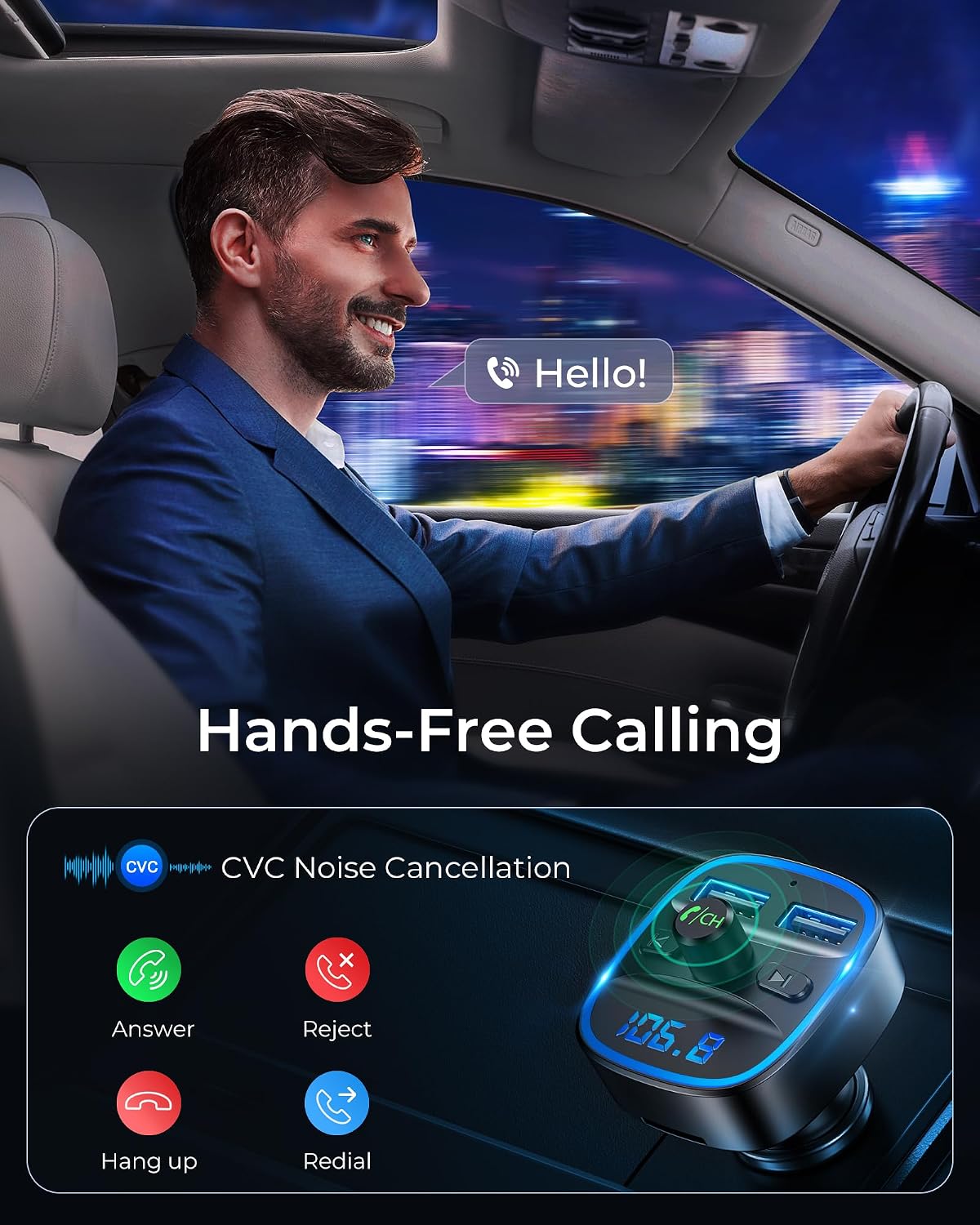 FM Transmitter, Bluetooth FM Transmitter Wireless Radio Adapter Car | Dual USB Charging, Audio Receiver Car Charger