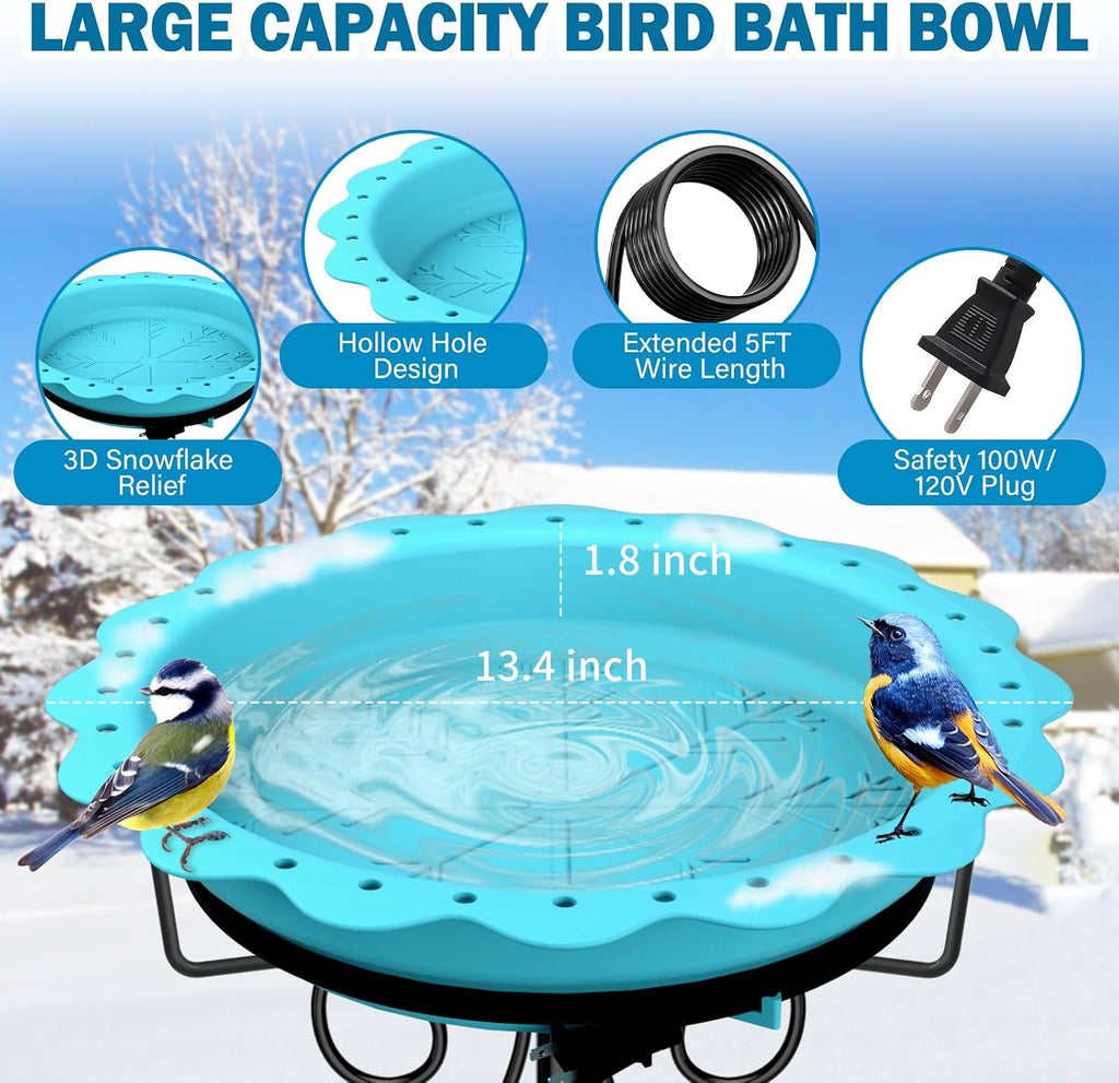 100W Heated Bird Bath for Outdoors, Heated Birdbath Water Heater, Blue