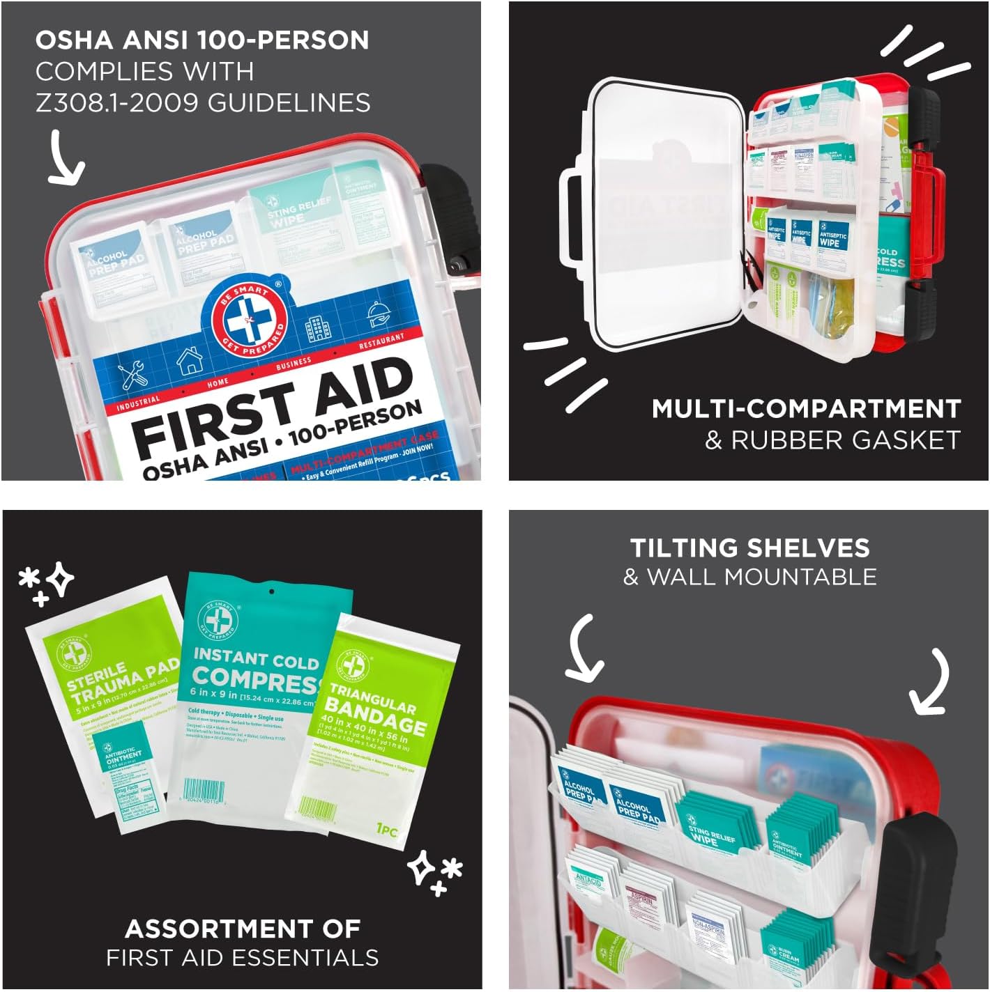 First Aid Kit Hard Red Case 326 Pieces Exceeds OSHA and ANSI Guidelines 100 People - Office, Home, Car, School