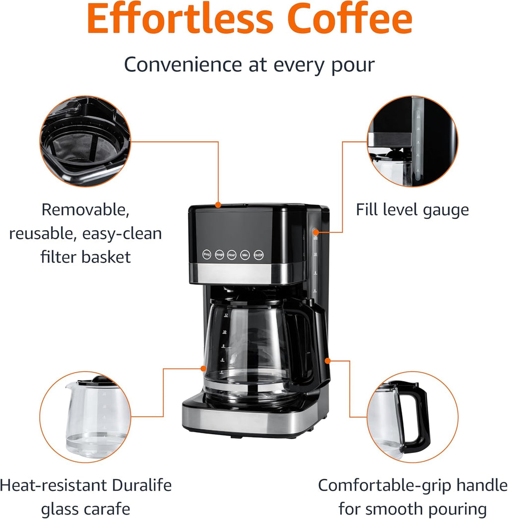 Programmable 12 Cup Drip Coffee Maker with Glass Coffee Pot (1.9 Qt), Auto Shut-off, Touch Screen, Auto Pause