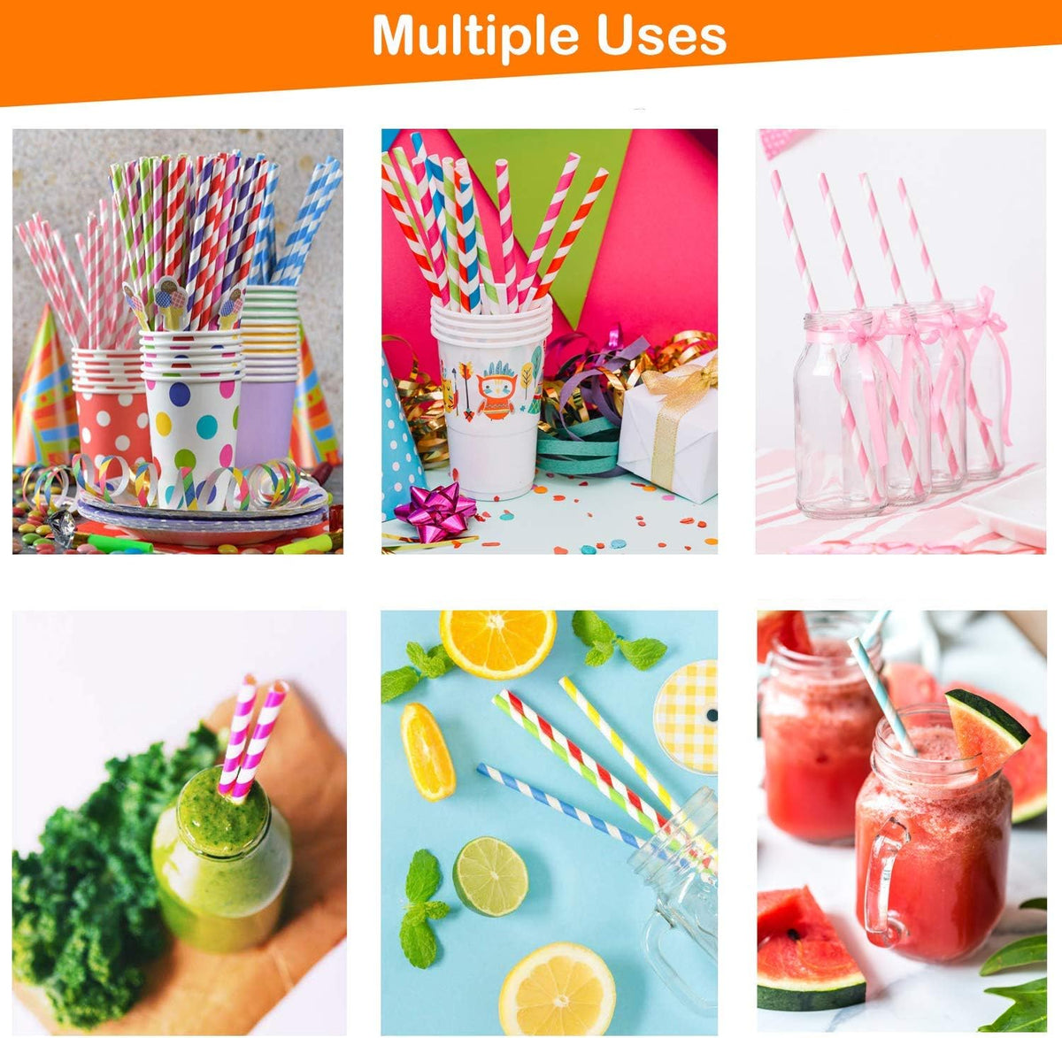 Paper Straws Disposable - 200 Pack - Durable & Non-Soggy Striped Paper Straws for Drinking in 10 Colors - 100%