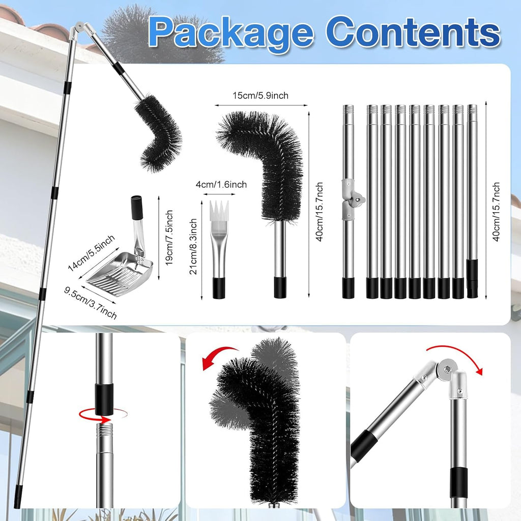 13.12FT Adjustable Gutter Cleaning Tool with Replaceable Brush Rake Scoop