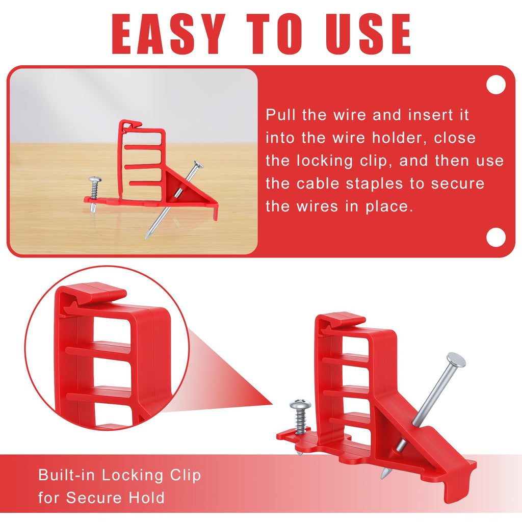 100 Pack Multi-Cable Staples with Steel Nails, Red Cable Stackers
