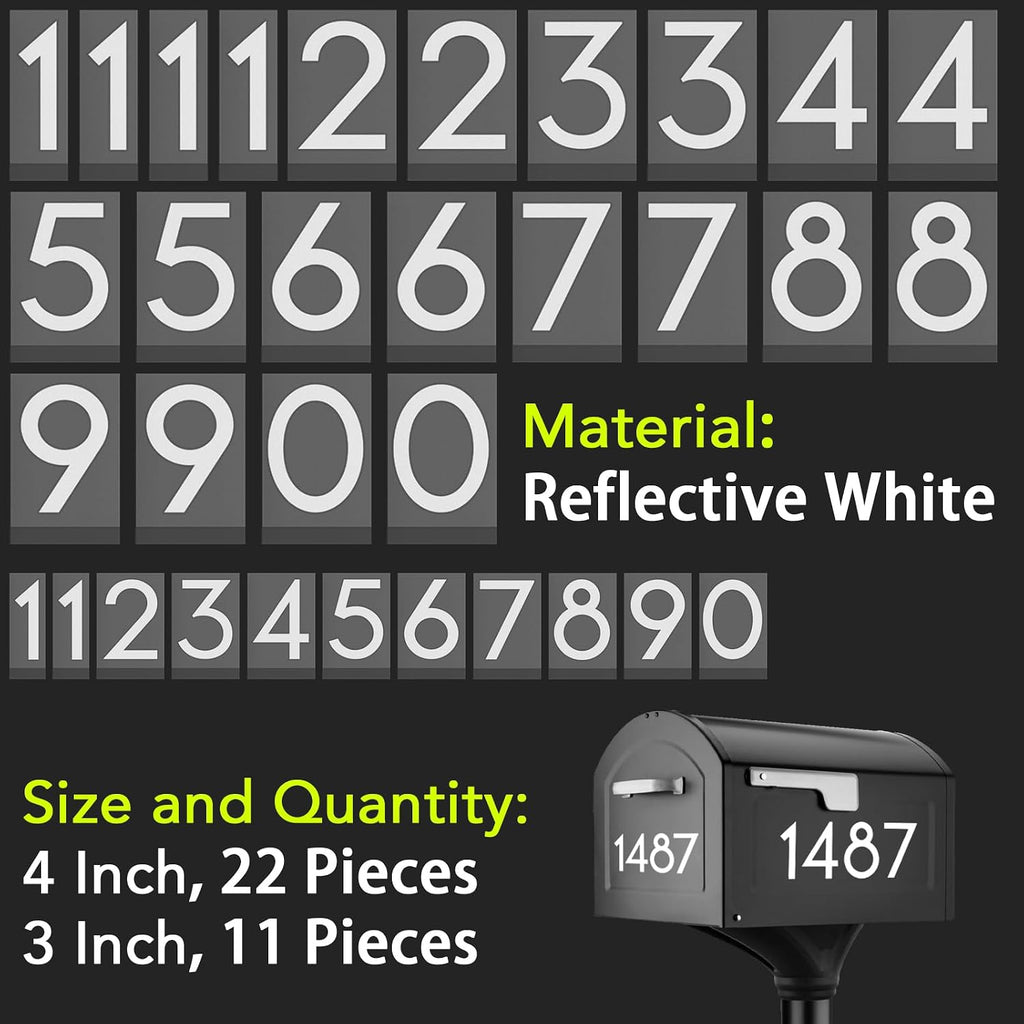 Reflective Mailbox Numbers, White Self Adhesive Numbers for Mailbox (4" x 2 Sets, 3" x 1 Sets), Modern Style, Premium