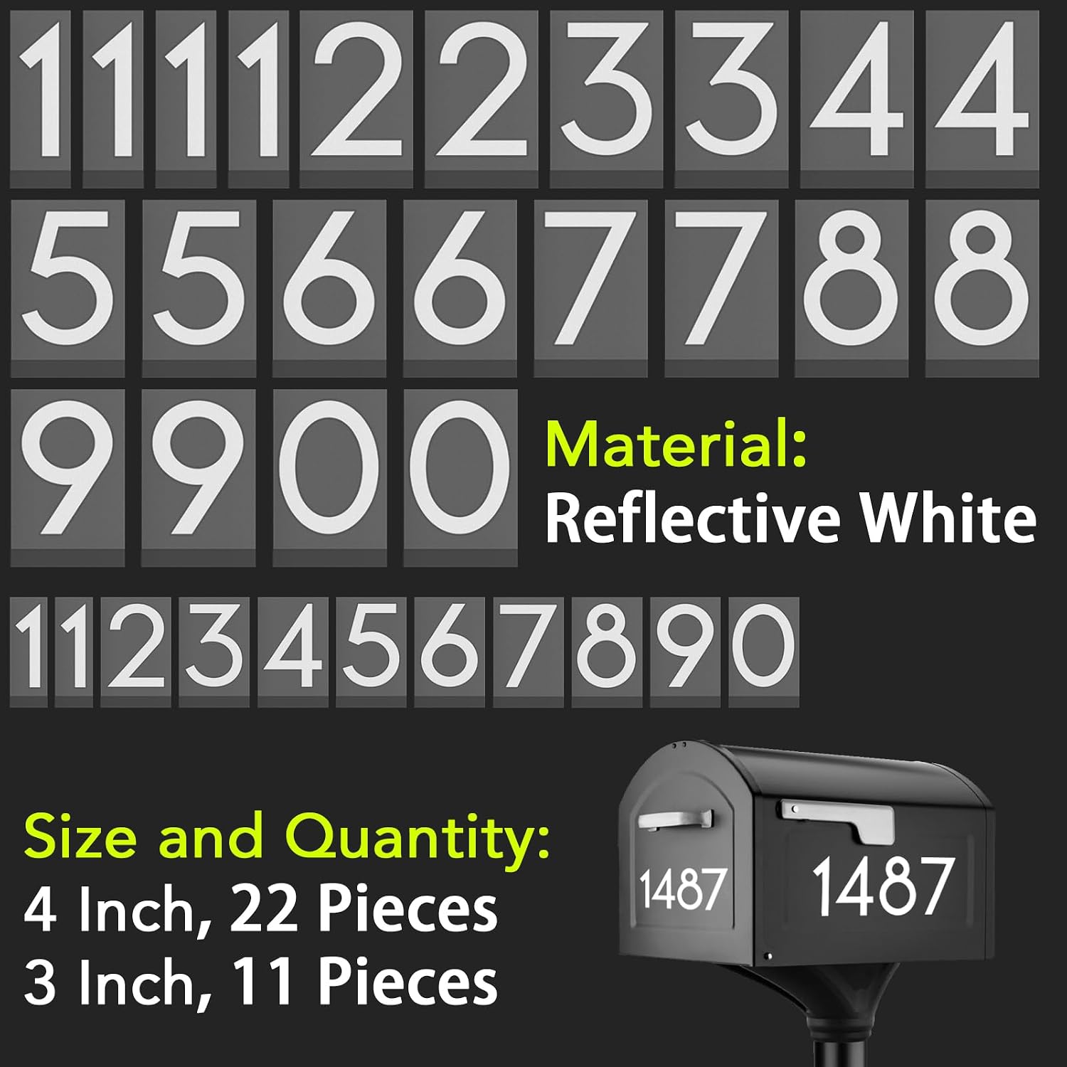 Reflective Mailbox Numbers, White Self Adhesive Numbers for Mailbox (4" x 2 Sets, 3" x 1 Sets), Modern Style, Premium
