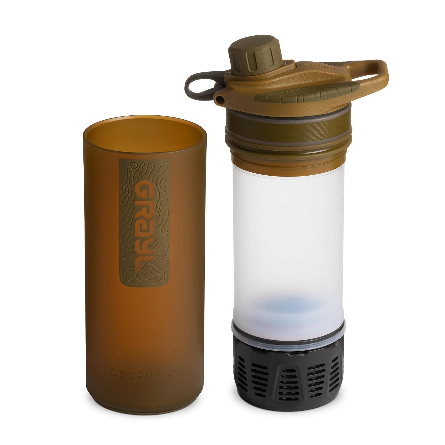 GeoPress 24 oz Water Purifier Bottle - Filter for Hiking, Camping, Survival, Travel (Coyote Brown)