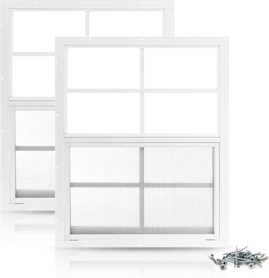 2 Pack Shed Window 14" x 21" - Ultra Thick White Aluminum Flush Mount with Tempered Glass and Screen - Shed Windows
