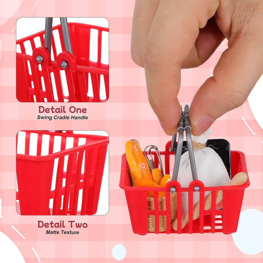 20pcs Mini Shopping Baskets, Plastic Grocery Baskets with Handles | Red Mini baskets for kids pretend play, dollhouse