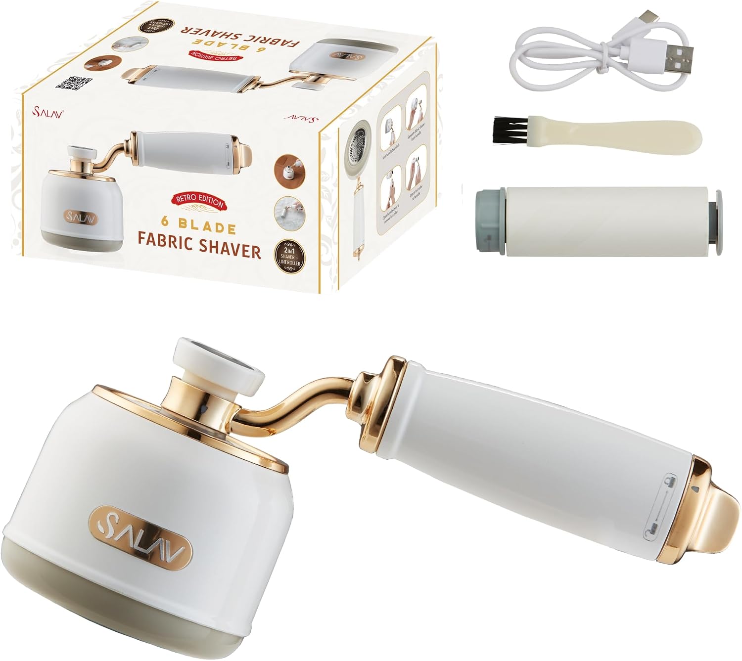 Retro Edition Rechargeable Fabric Shaver and Lint Roller with 6-Blade System Removes Fuzz and Piling on Fabrics, with