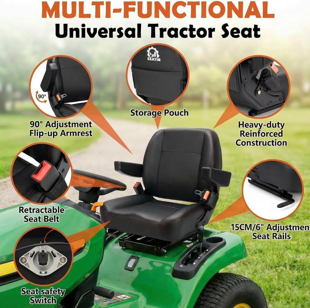 Universal Forklift Seat,Tractor Seat,with Micro Switch,Armrest and Safety Belt,for Tractor,Mower,Skid