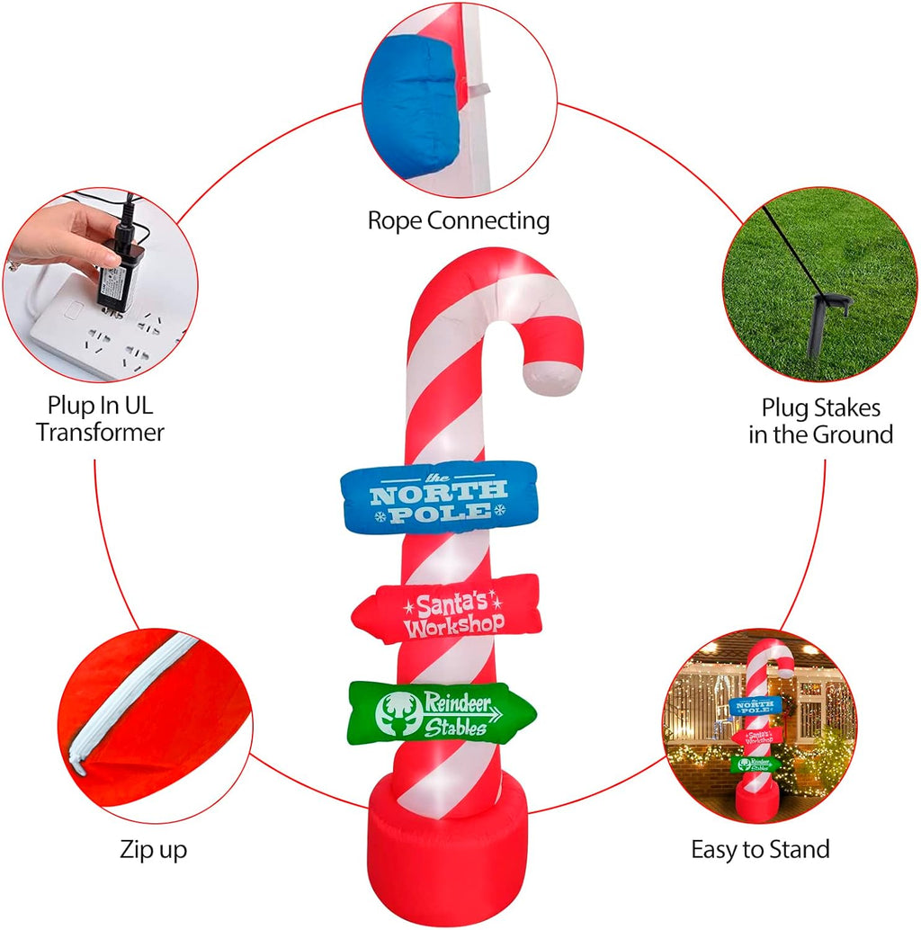 8ft Outdoor Candy Cane Stacking Sign Inflatables with LED Lights - Blow Up Yard, Garden, Lawn Decorations for
