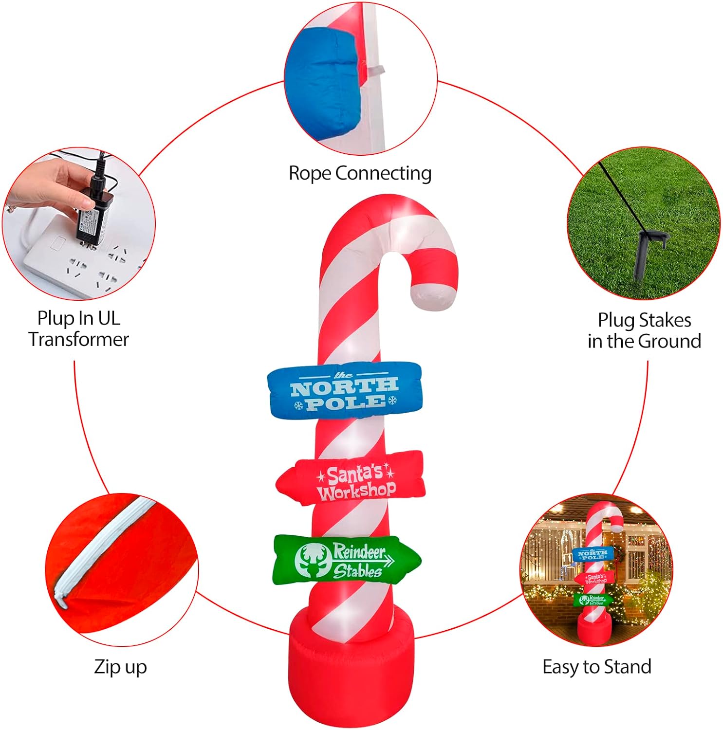 8ft Outdoor Candy Cane Stacking Sign Inflatables with LED Lights - Blow Up Yard, Garden, Lawn Decorations for