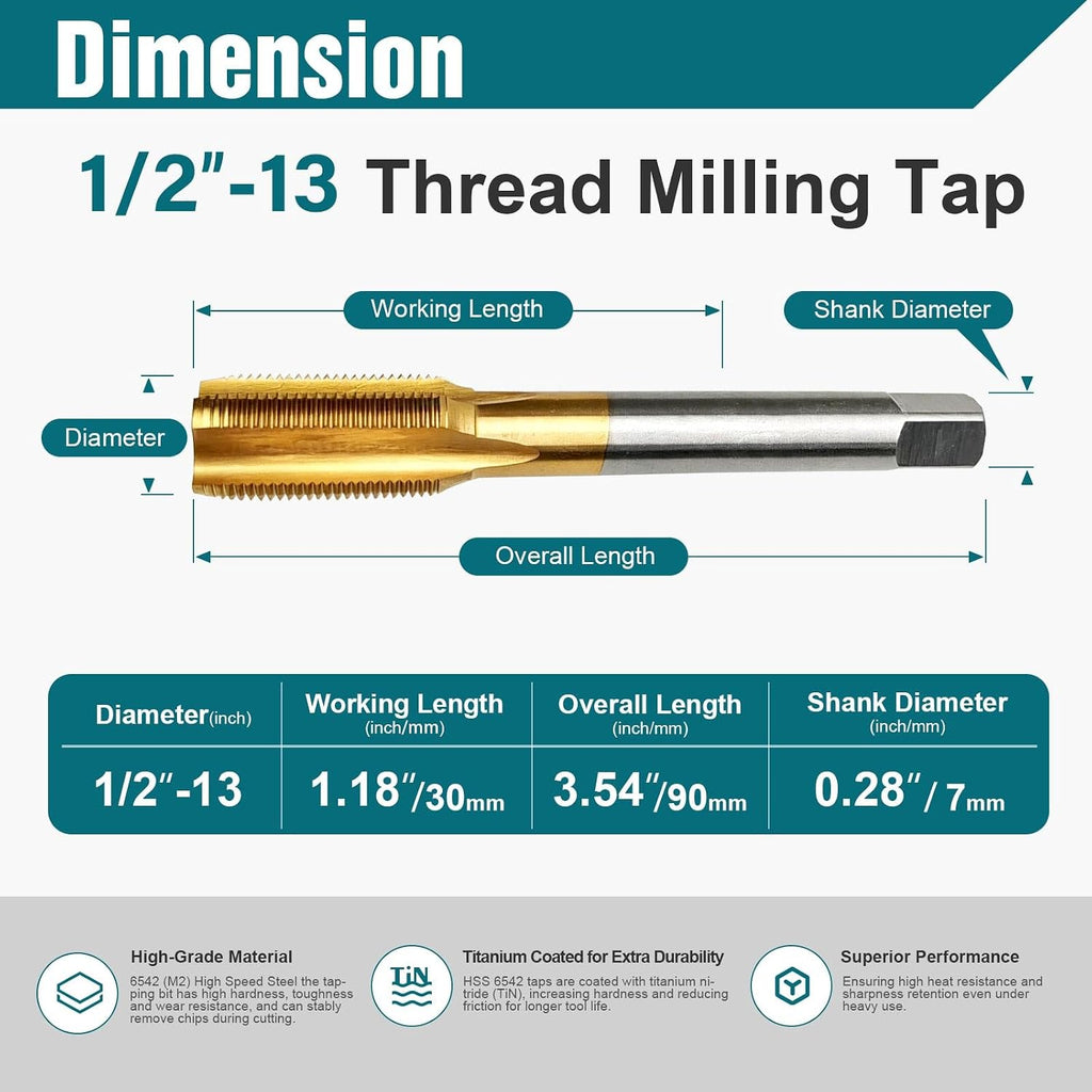 1/2"-13 UNC Thread Tap, M2 HSS Right Hand Thread Milling Tap