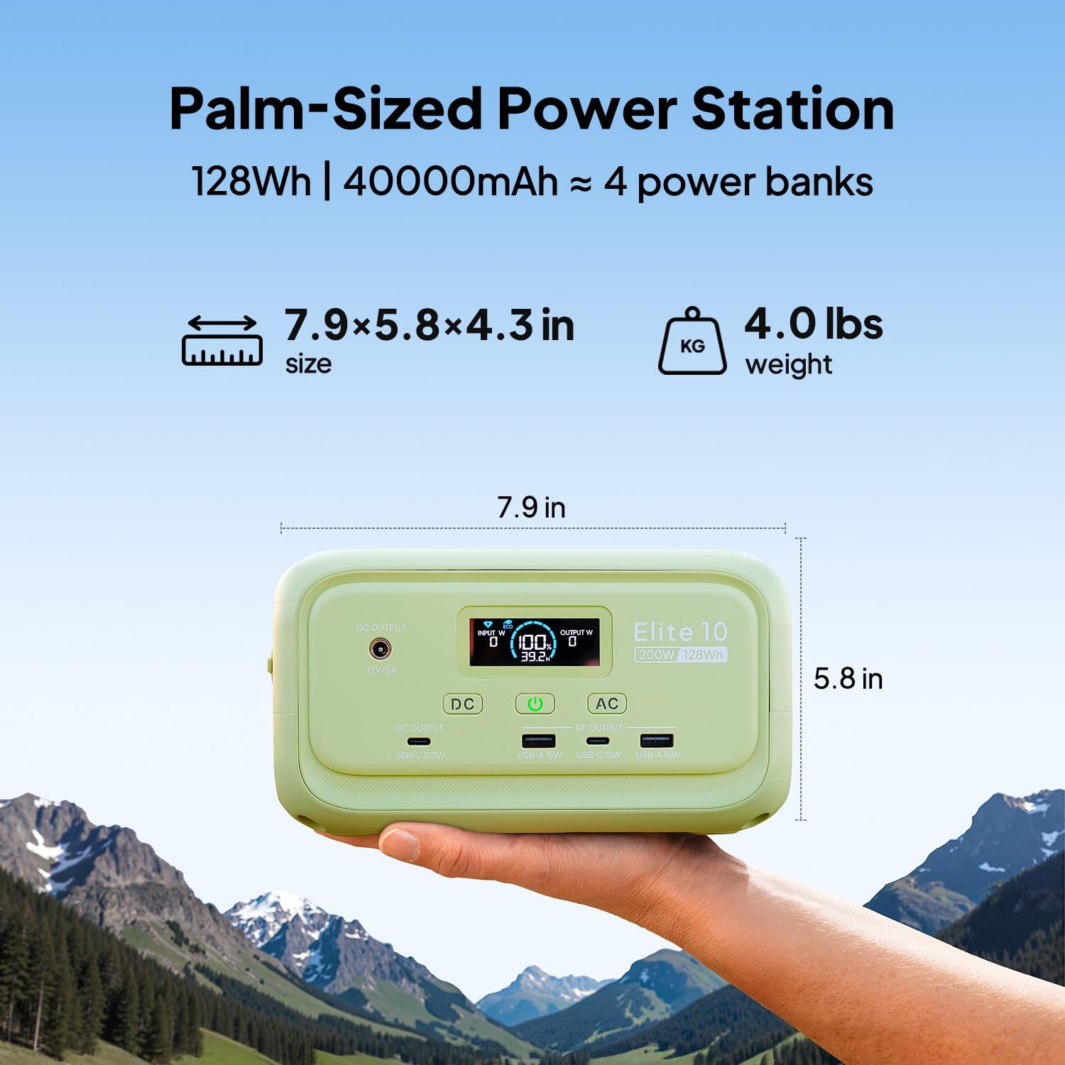 Elite 10 Mini Portable Power Station, 128Wh LiFePO4 Battery with 200W AC Outlet, 10ms UPS Backup, Fast Recharge Solar